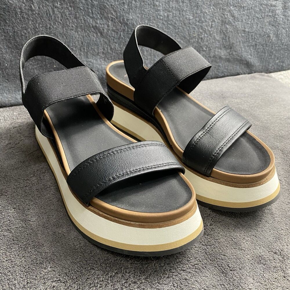 Crown Vintage Platform Sandals Womens 8.5 Leather Black White Tan Chunky Wedge